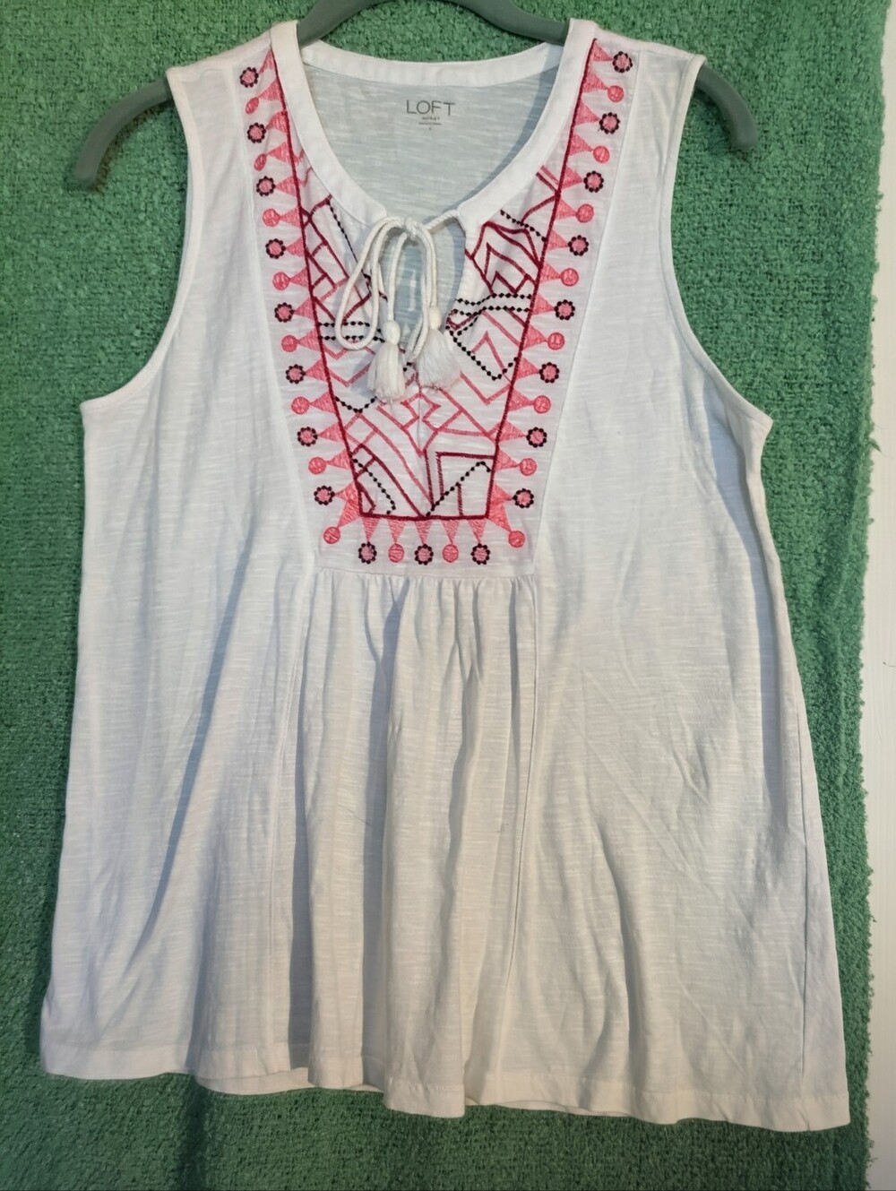 LOFT White Sleeveless Embroidered Tie-Front Tank